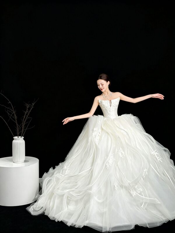 Cascading Wave Tulle Ball Gown with 3D Florals