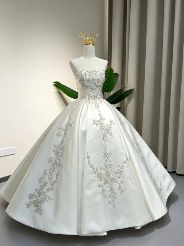 Strapless Crystal Beaded Satin Wedding Dress