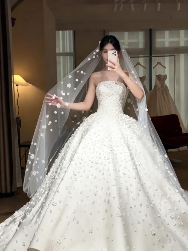 Strapless 3D Floral Satin Ball Gown Wedding Dress