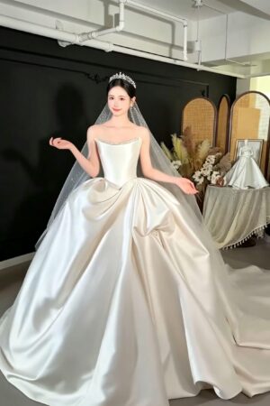 Strapless Beaded Satin Ball Gown Wedding Dress