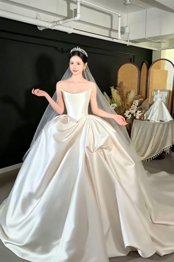 Strapless Beaded Satin Ball Gown Wedding Dress