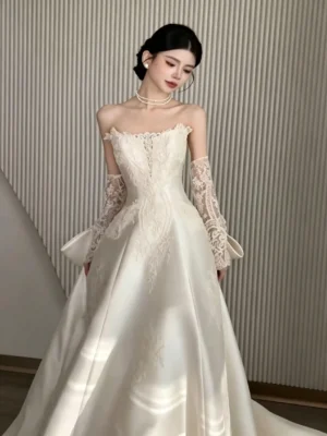 image (28) Elegant Strapless Lace and Satin A-Line Wedding Dress with Back Bow