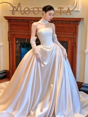 Elegant Satin Ball Gown Wedding Dress with High Neck Lace