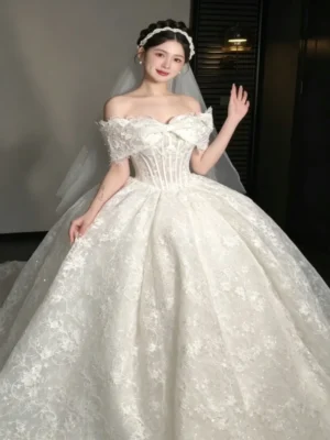 Sparkly Floral Lace Off-The-Shoulder Princess Bridal Gown