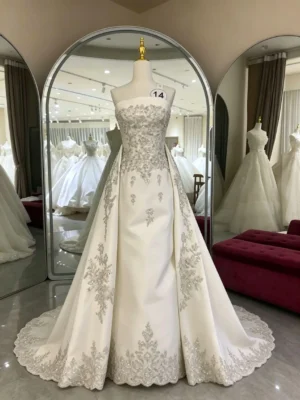 Luxury Strapless Beaded Satin A-Line Wedding Dress with Embroidered Train
