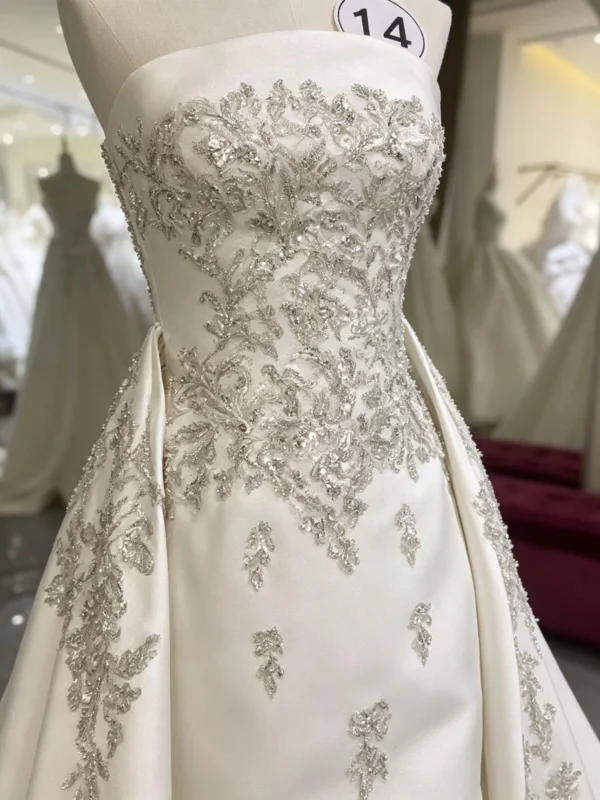 Luxury Strapless Beaded Satin A-Line Wedding Dress with Embroidered Train