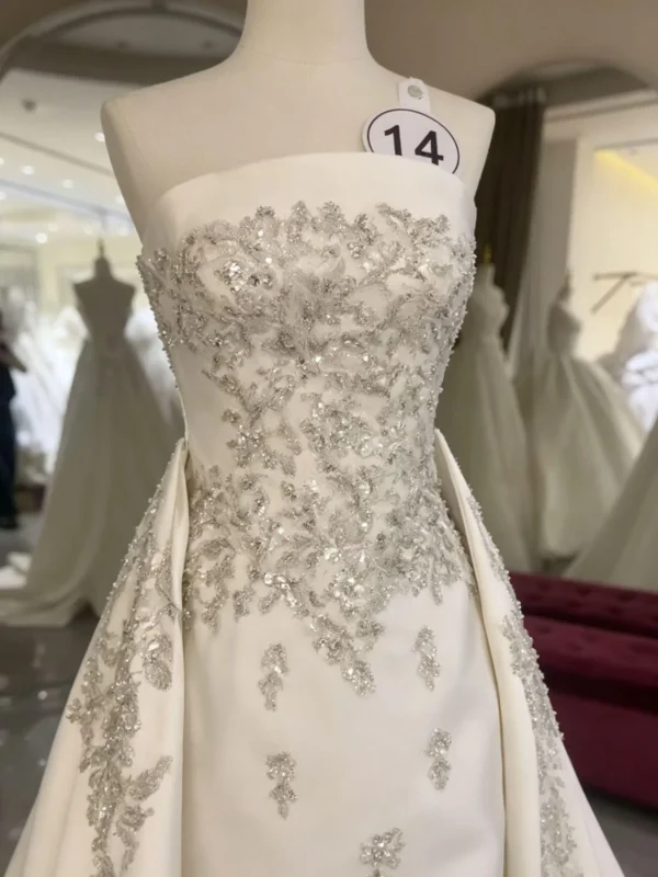 Luxury Strapless Beaded Satin A-Line Wedding Dress with Embroidered Train