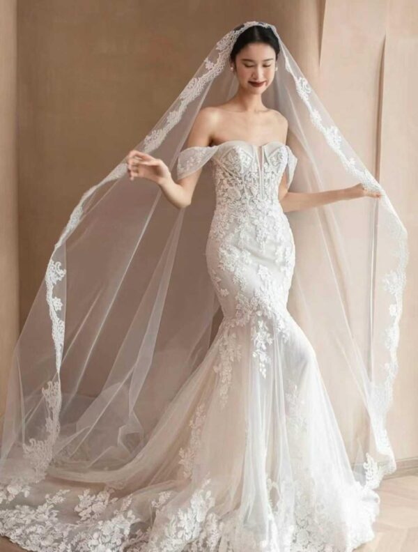 Romantic Lace Mermaid Wedding Dress with Off-the-Shoulder Sleeves and Long Train