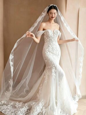 image (36) Romantic Lace Mermaid Wedding Dress with Off-the-Shoulder Sleeves and Long Train