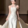 Luxury Strapless Beaded Satin Mermaid Wedding Dress with Detachable Overskirt