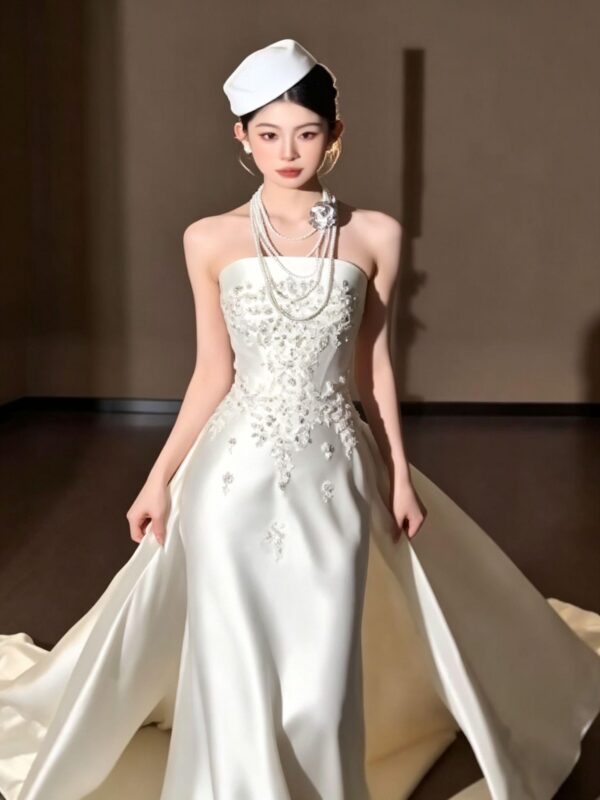 Luxury Strapless Beaded Satin Mermaid Wedding Dress with Detachable Overskirt