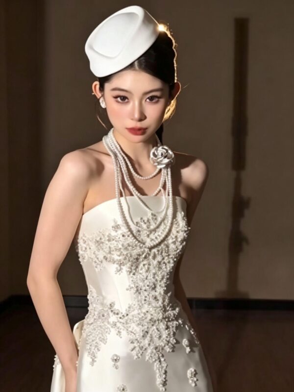 Luxury Strapless Beaded Satin Mermaid Wedding Dress with Detachable Overskirt
