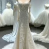 Elegant Long Sleeve Floral Lace Mermaid Wedding Dress with Scalloped Train