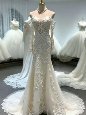 image (39) Elegant Long Sleeve Floral Lace Mermaid Wedding Dress with Scalloped Train