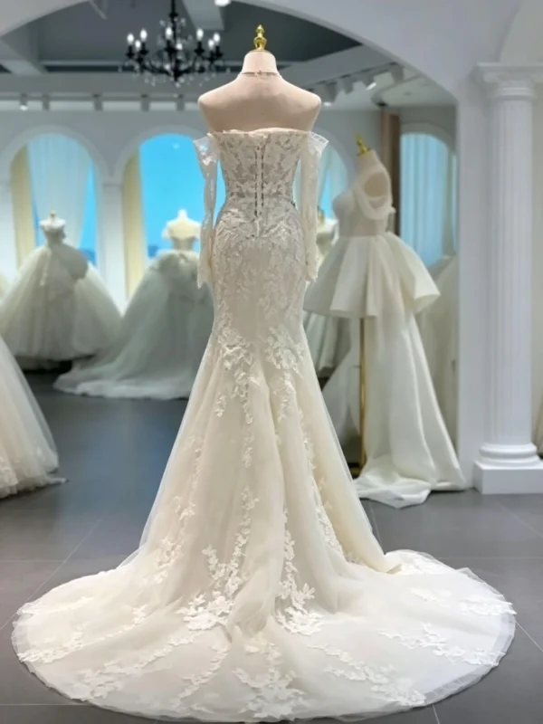 Elegant Long Sleeve Floral Lace Mermaid Wedding Dress with Scalloped Train