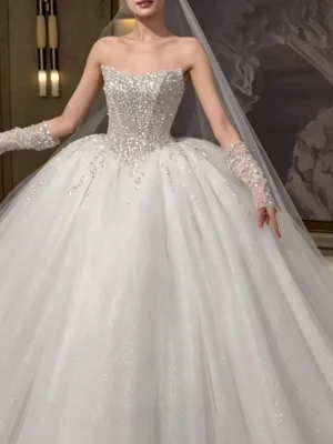 Sparkling Beaded Strapless Ball Gown Wedding Dress