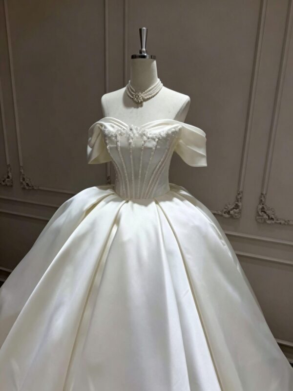 Vintage-Chic Off-the-Shoulder Satin Wedding Dress