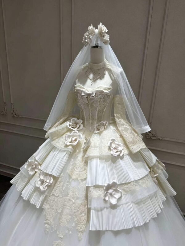 Whimsical Tiered Tulle Bridal Gown with Floral Accents