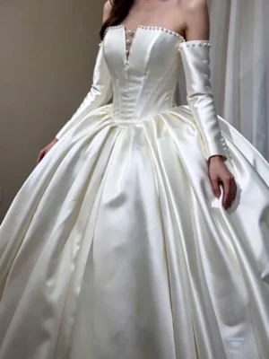 Luxury Pearl Beaded Off-the-Shoulder Satin Ball Gown Wedding Dress