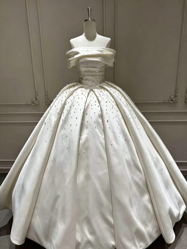 Luxury Pearl Beaded Off-the-Shoulder Satin Ball Gown Wedding Dress