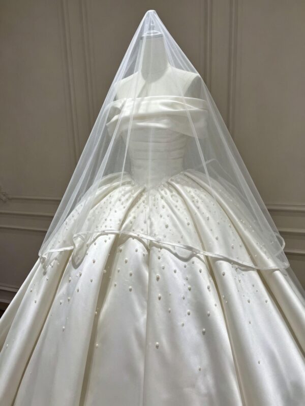Luxury Pearl Beaded Off-the-Shoulder Satin Ball Gown Wedding Dress