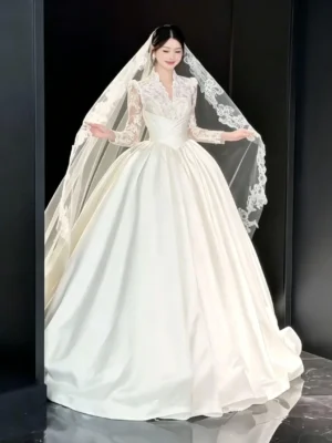 Classic Royal Satin Bridal Gown featuring Elegant Long Sleeve Lace