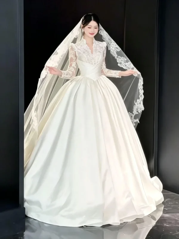 Classic Royal Satin Bridal Gown featuring Elegant Long Sleeve Lace