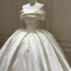 Luxury Pearl Beaded Off-the-Shoulder Satin Ball Gown Wedding Dress