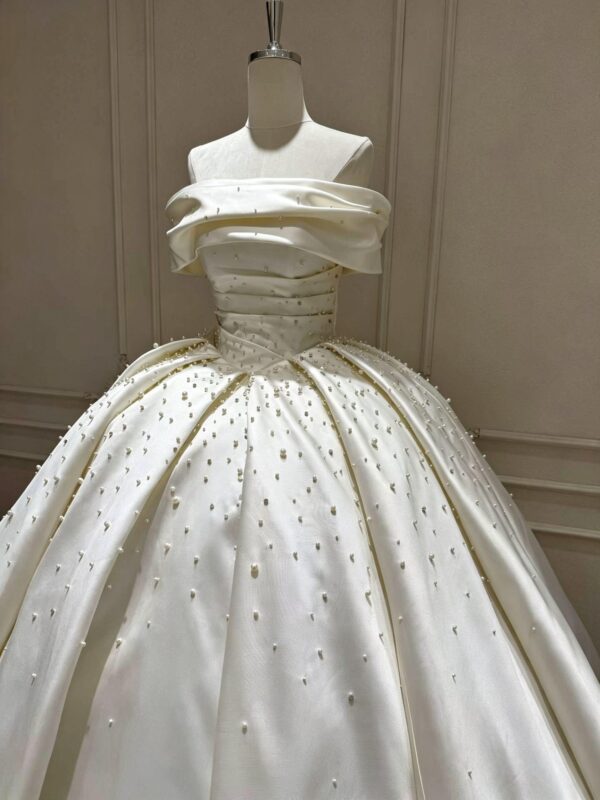 Luxury Pearl Beaded Off-the-Shoulder Satin Ball Gown Wedding Dress