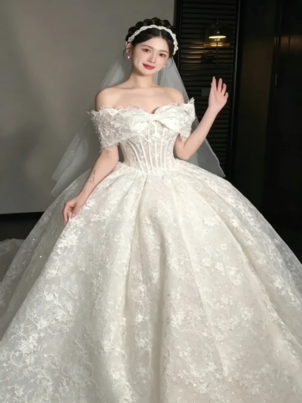 Sparkly Floral Lace Off-The-Shoulder Princess Bridal Gown