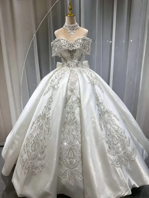Luxurious Off-the-Shoulder Princess Bridal Gown featuring Majestic Silver Embroidery