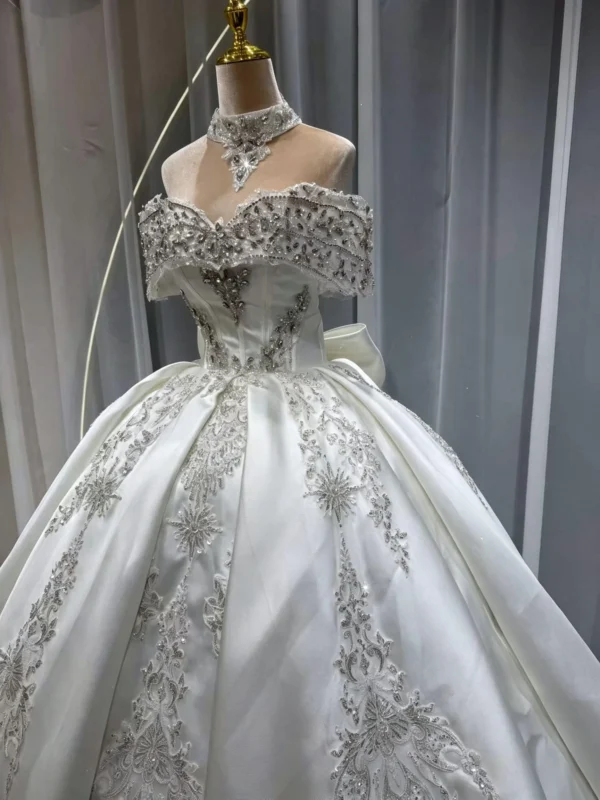 Luxurious Off-the-Shoulder Princess Bridal Gown featuring Majestic Silver Embroidery
