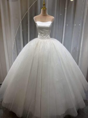 Elegant Strapless Satin Wedding Dress with Sparkly Tulle Ball Gown Skirt