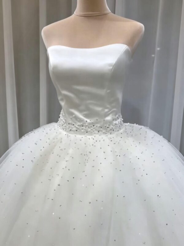 Elegant Strapless Satin Wedding Dress with Sparkly Tulle Ball Gown Skirt