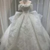 Off-the-Shoulder Ball Gown Wedding Dress with Beaded Fringe and Royal Train