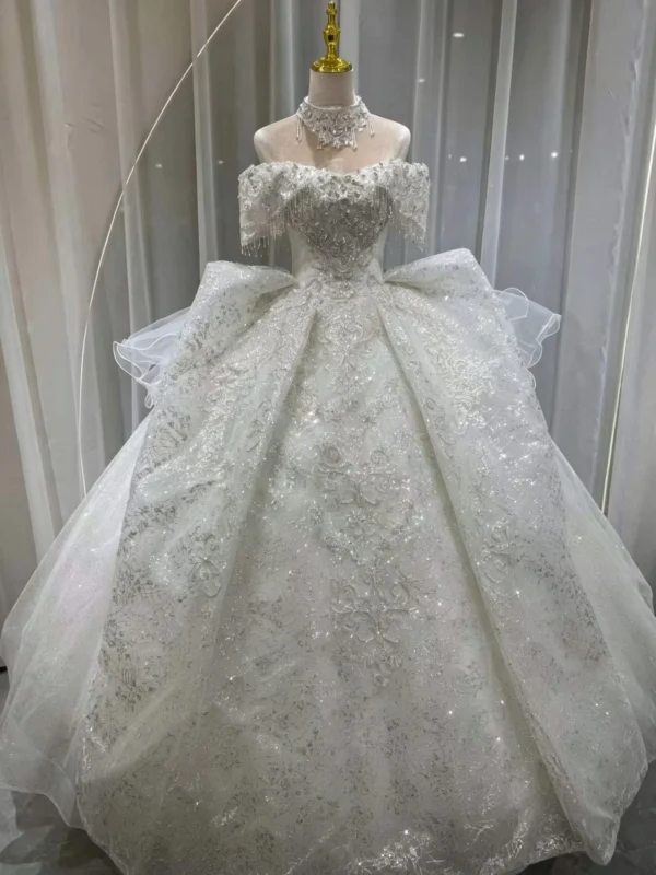 Off-the-Shoulder Ball Gown Wedding Dress with Beaded Fringe and Royal Train