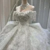 Off-the-Shoulder Ball Gown Wedding Dress with Beaded Fringe and Royal Train