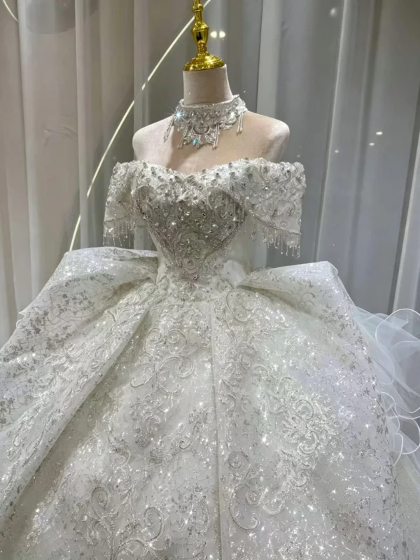 Off-the-Shoulder Ball Gown Wedding Dress with Beaded Fringe and Royal Train