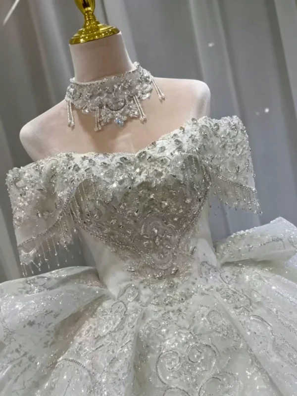 Off-the-Shoulder Ball Gown Wedding Dress with Beaded Fringe and Royal Train