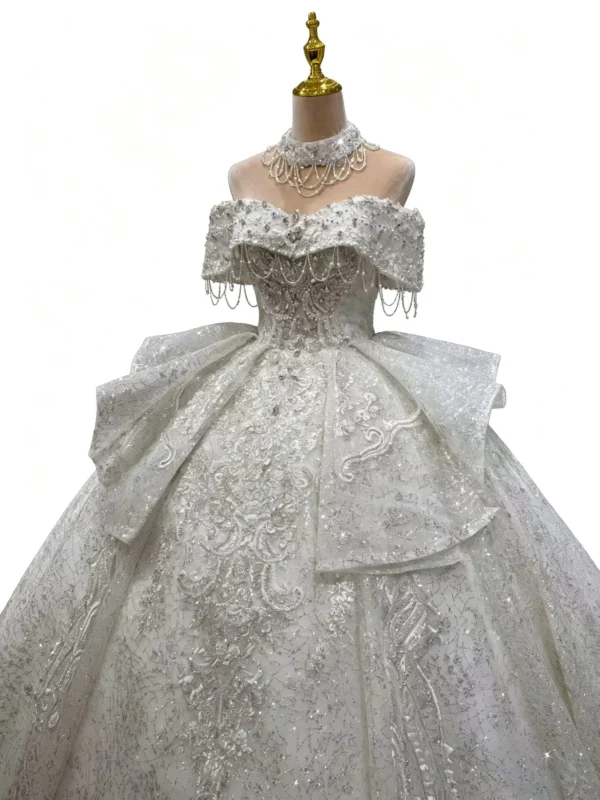 Luxury Sparkly Off-the-Shoulder Ball Gown Wedding Dress with Pearl Tassels and Overskirt