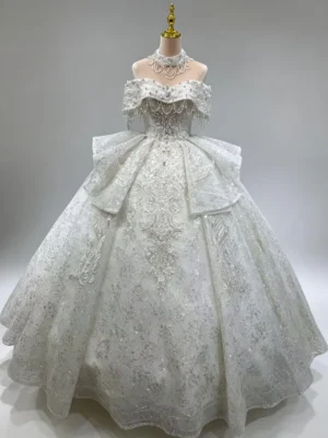 Luxury Sparkly Off-the-Shoulder Ball Gown Wedding Dress with Pearl Tassels and Overskirt