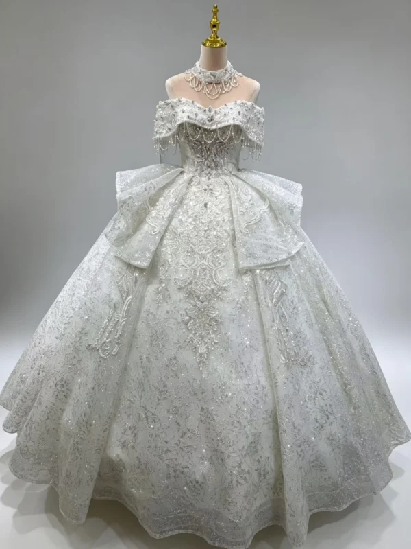 Luxury Sparkly Off-the-Shoulder Ball Gown Wedding Dress with Pearl Tassels and Overskirt