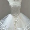 Tiered Wave Bridal Gown with Delicate Bow Ribbon and Vertical Lace Applique