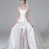 Satin Court Train Bridal Gown featuring Vine Lace Sheath Skirt