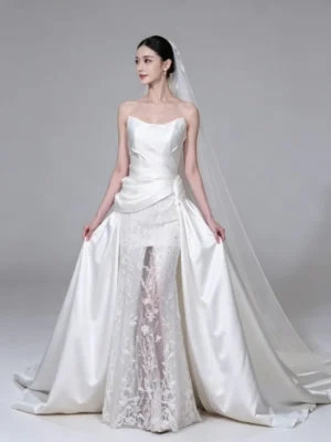Satin Court Train Bridal Gown featuring Vine Lace Sheath Skirt