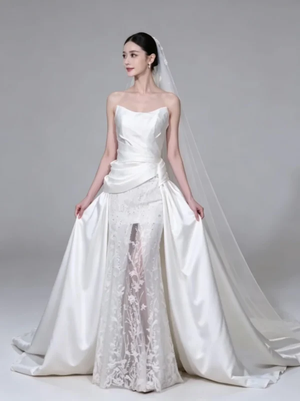 Satin Court Train Bridal Gown featuring Vine Lace Sheath Skirt