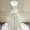 Satin Court Train Bridal Gown featuring Vine Lace Sheath Skirt