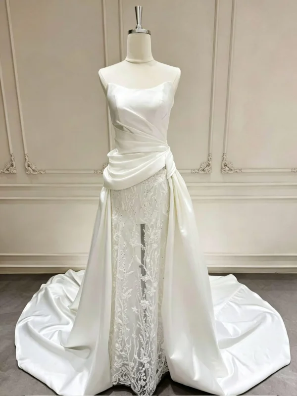 Satin Court Train Bridal Gown featuring Vine Lace Sheath Skirt