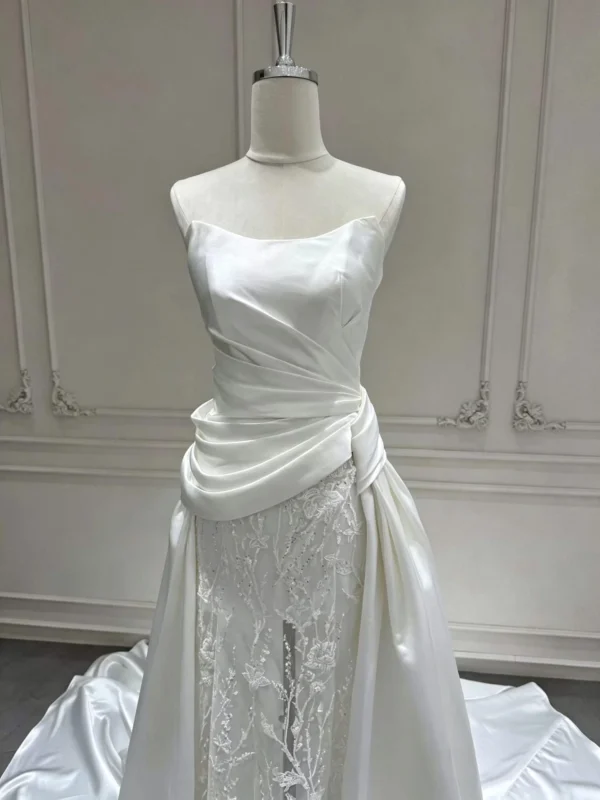 Satin Court Train Bridal Gown featuring Vine Lace Sheath Skirt