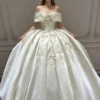 Off-the-Shoulder Heavy Satin Ball Gown featuring Embroidered Lace and Bow Details